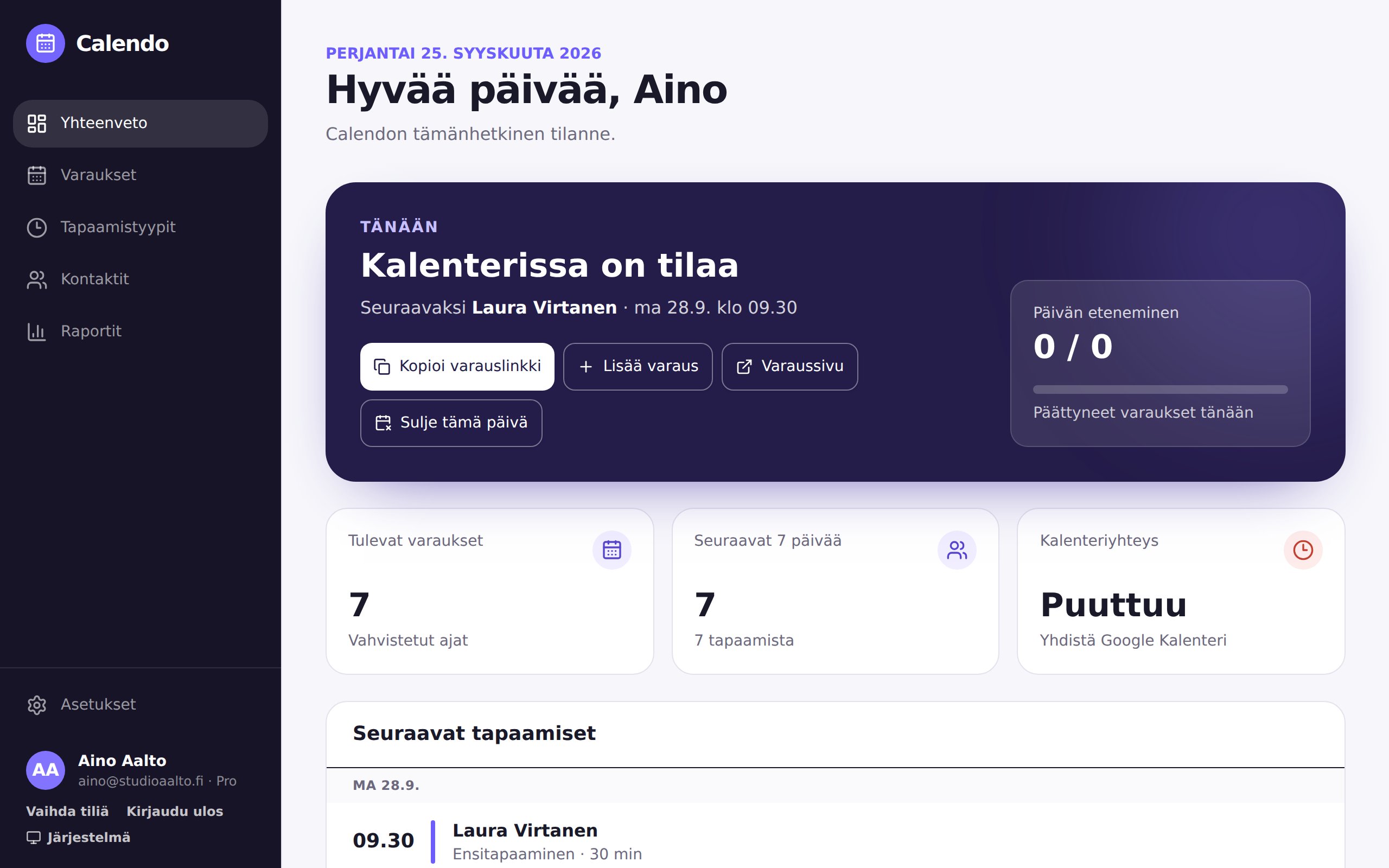Calendon yhteenvetonäkymä